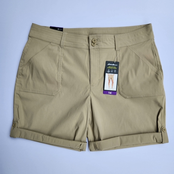 NWT EDDIE BAUER Tan Rolled Hem Bermuda Shorts Women Size 14 Stretch Adjustable - Picture 1 of 8